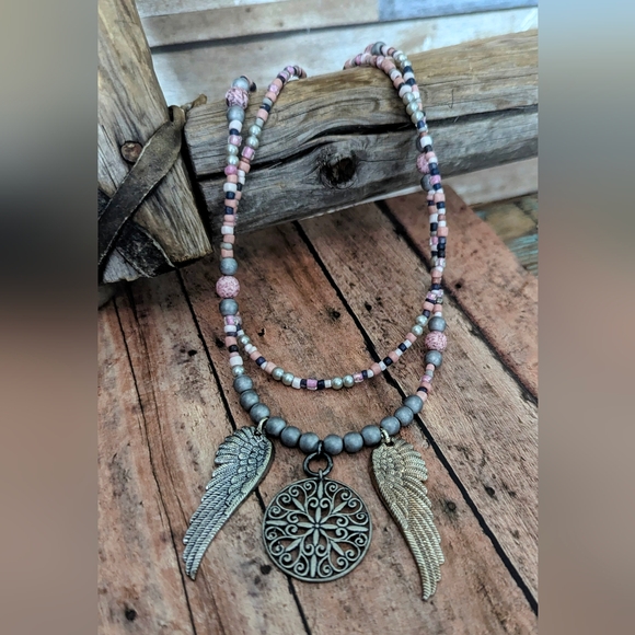 New Handcrafted Original Design Pinks & Grays Necklace W Angel Wings & Circle - Picture 7 of 7